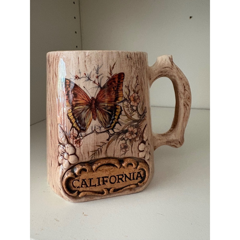 Vintage Treasure Craft California Butterfly Faux Bois Wood Grain Ceramic Mug USA